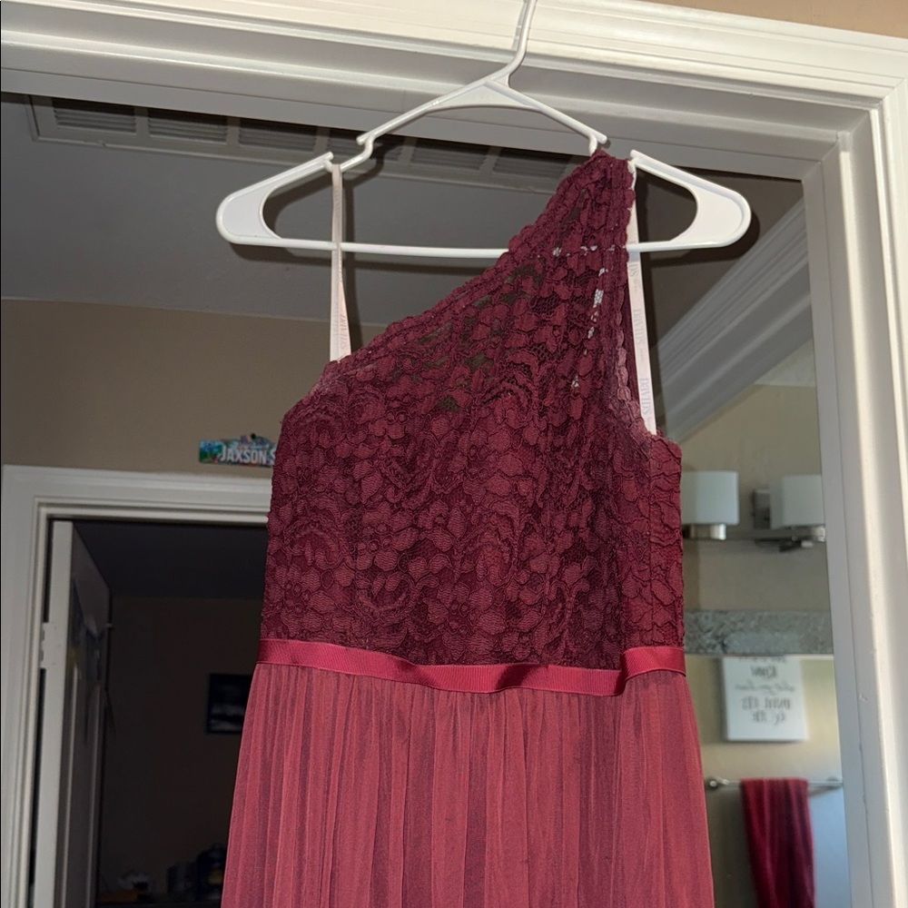 David's Bridal One-Shoulder Lace Dress in Burgundy